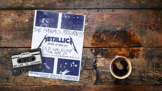 Metallica demo and gig poster on a stained coffee table