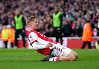 Arsenal’s Emile Smith Rowe celebrates scoring their side’s first goal of the game during the Premier League match at the Emirates Stadium, London. Picture date: Sunday November 7, 2021