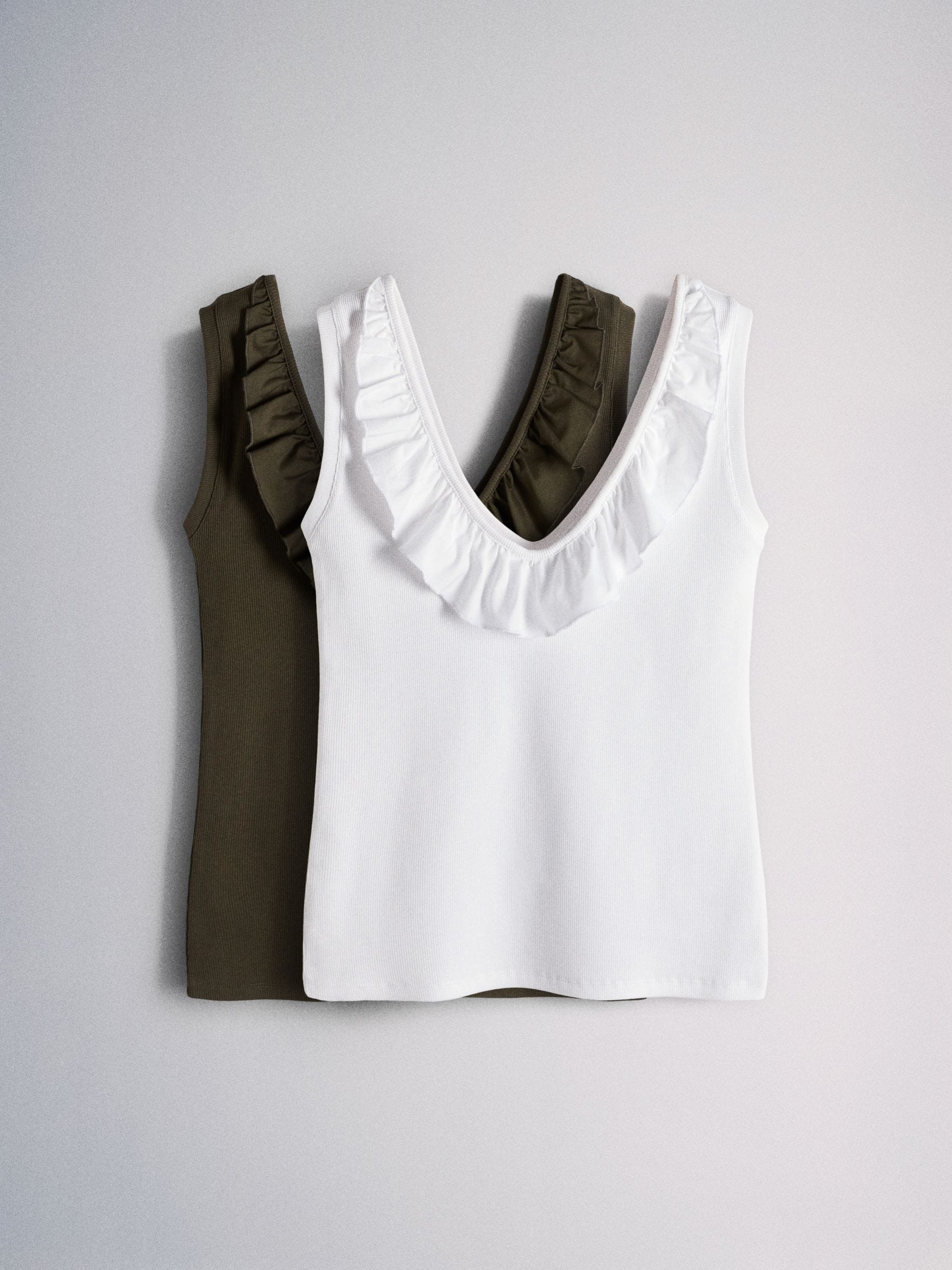 The Set 2 Pack Frill Neck Scoop Vests Khaki Green/white