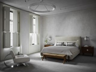 Modern grey bedroom in Soho loft apartment