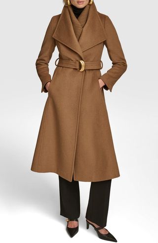 Rib Belted Wool Blend Wrap Coat With Bib