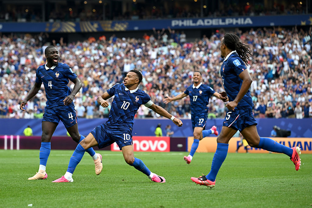 Kylian Mbappe celebrates with teammates after scoring his team's first goal during the FIFA World Cup 2026 Group I match between France and Iraq at Philadelphia Stadium