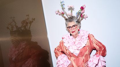 Prue Leith poses backstage ahead of the Vin + Omi show during London Fashion Week