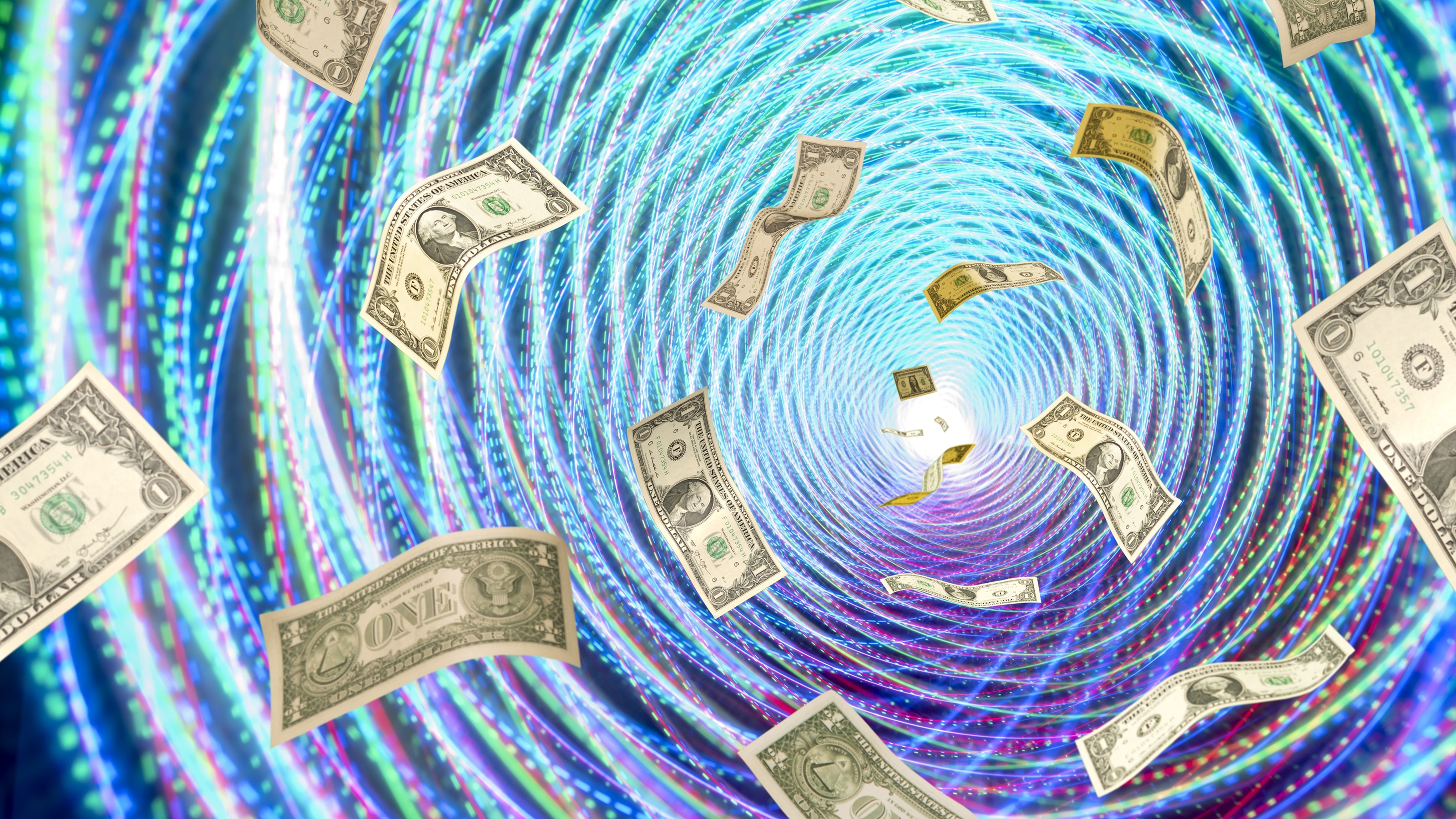 Money seems to float and spin in a futuristic tunnel of swirling blues and purples.