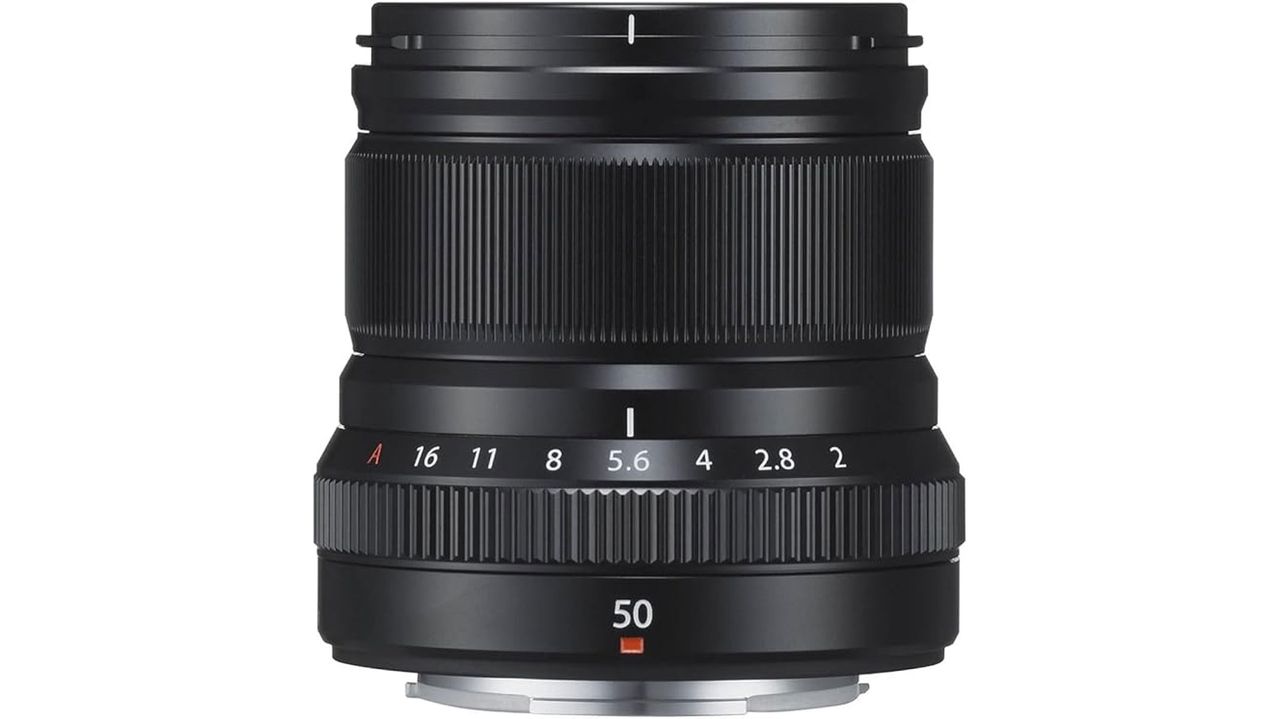 The Fujifilm XF 50mm f/2 R WR lens standing upright