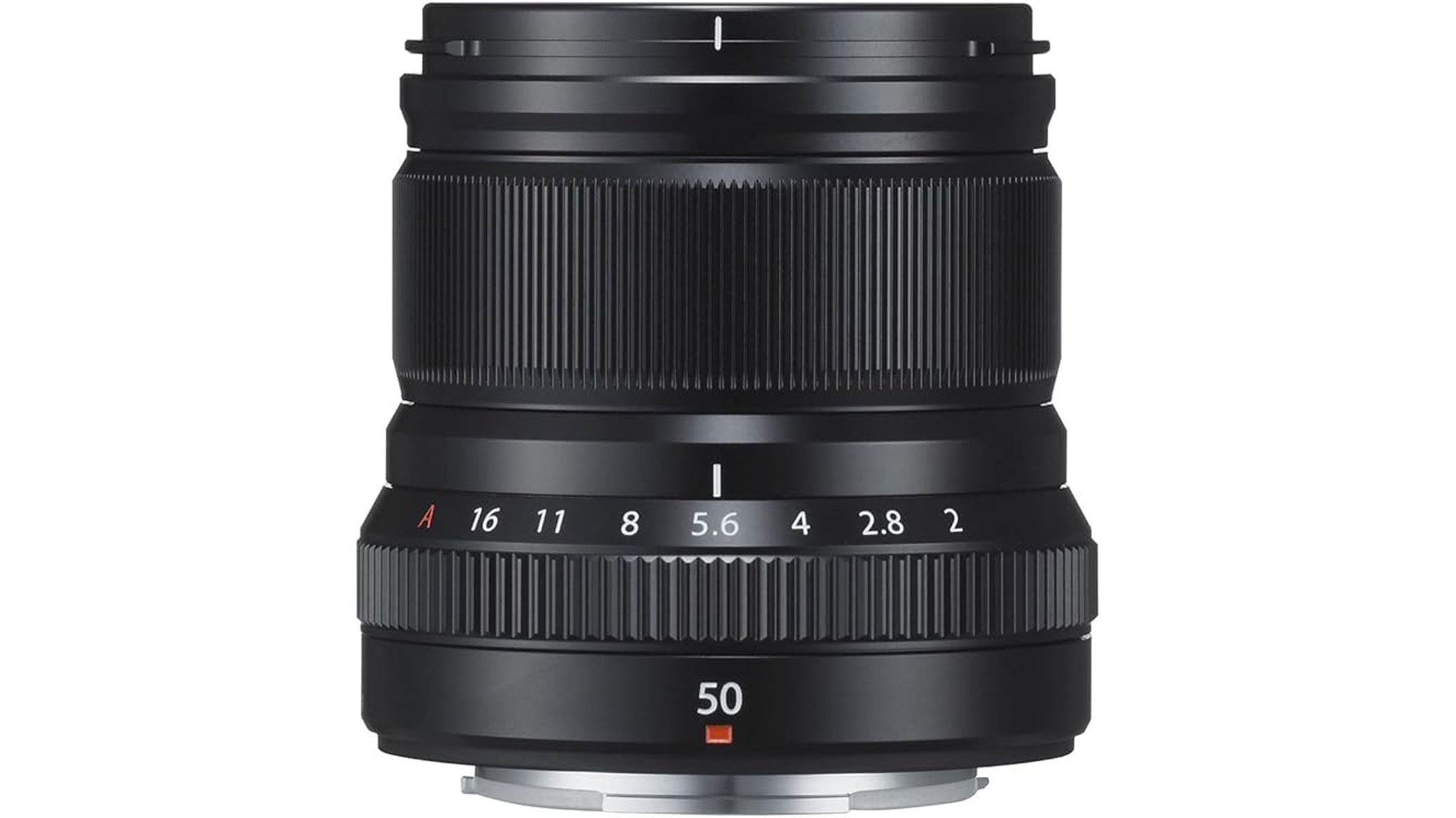 The Fujifilm XF 50mm f/2 R WR lens standing upright