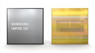 A promotional image for Samsung&#039;s latest HBM3E memory chips, showing a generic image on the left and a stylised render of the internal structure in a chip on the right