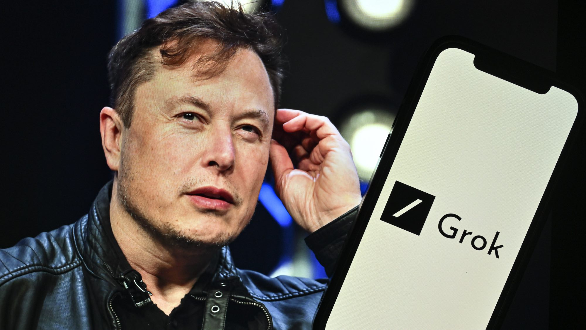 Elon Musk next to Grok on phone