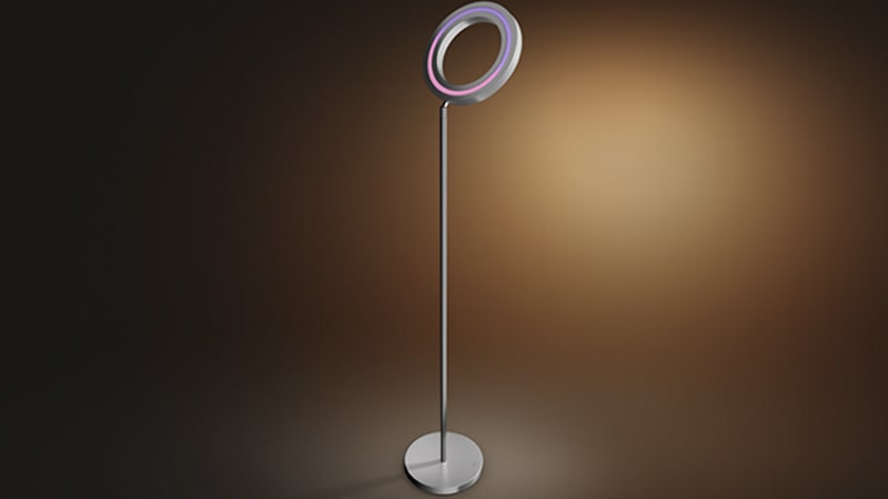 The Philips Hue White Ambience Semeru Floor Lamp against a dark background.