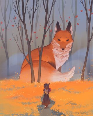 2D art; a approaches a giant fox