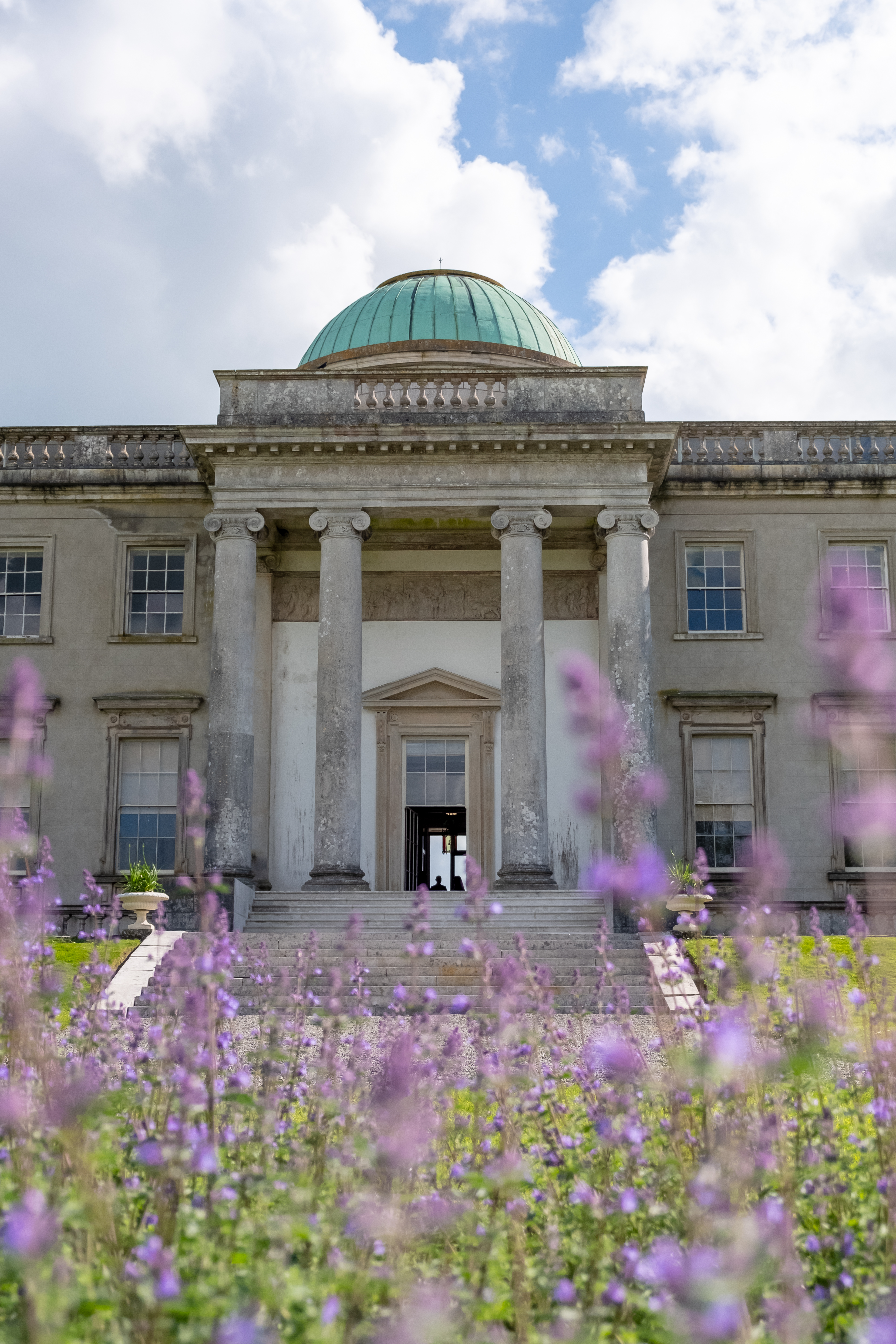 Rear exterior of Emo Court, taken from the formal gardens. Lavender plants fill the foreground.