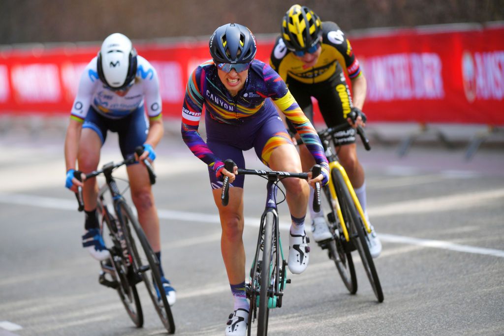 BERG NETHERLANDS APRIL 18 Katarzyna Niewiadoma of Poland and Team Canyon SRAM Racing during the 7th Amstel Gold Race 2021 Womens Elite a 1163km race from Valkenburg to Berg en Terblijt Attack Breakaway Amstelgoldrace amstelgoldrace UCIWWT on April 18 2021 in Berg Netherlands Photo by Luc ClaessenGetty Images
