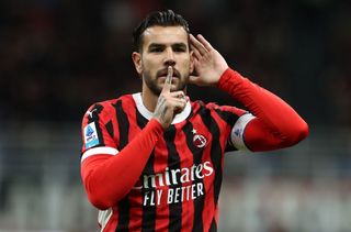 Theo Hernandez of AC Milan celebrates after scoring the opening goal during the Serie A match between AC Milan and Venezia at Stadio Giuseppe Meazza on September 14, 2024 in Milan, Italy.