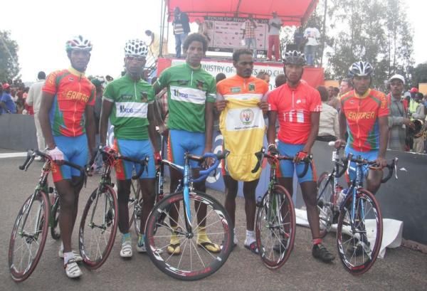 New race leader Tesfai Teklit and his Eritrea teammates.