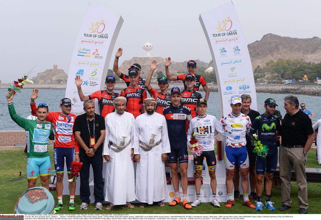 All the jersey wearers on the final Tour of Oman podium
