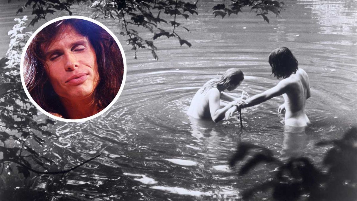 Two bathers in a pond at Woodstock with (inset) Steven Tyler