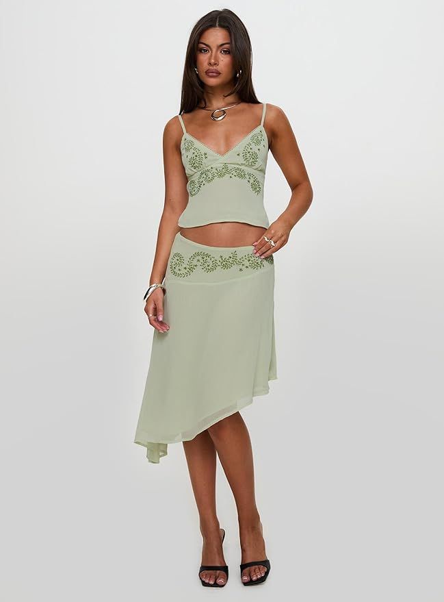 Princess Polly, Pappilion Asymmetrical Midi Skirt Sage
