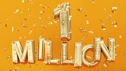 Gold helium balloons spelling out one million surrounded by confetti
