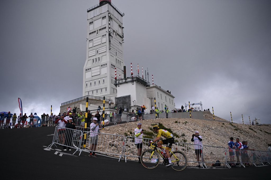 Team UAE Emirates Tadej Pogacar of Slovenia wearing the overall leaders yellow jersey climbs the Mont Ventoux during the 11th stage of the 108th edition of the Tour de France cycling race 198 km between Sorgues and Malaucene on July 07 2021 Photo by AnneChristine POUJOULAT AFP Photo by ANNECHRISTINE POUJOULATAFP via Getty Images