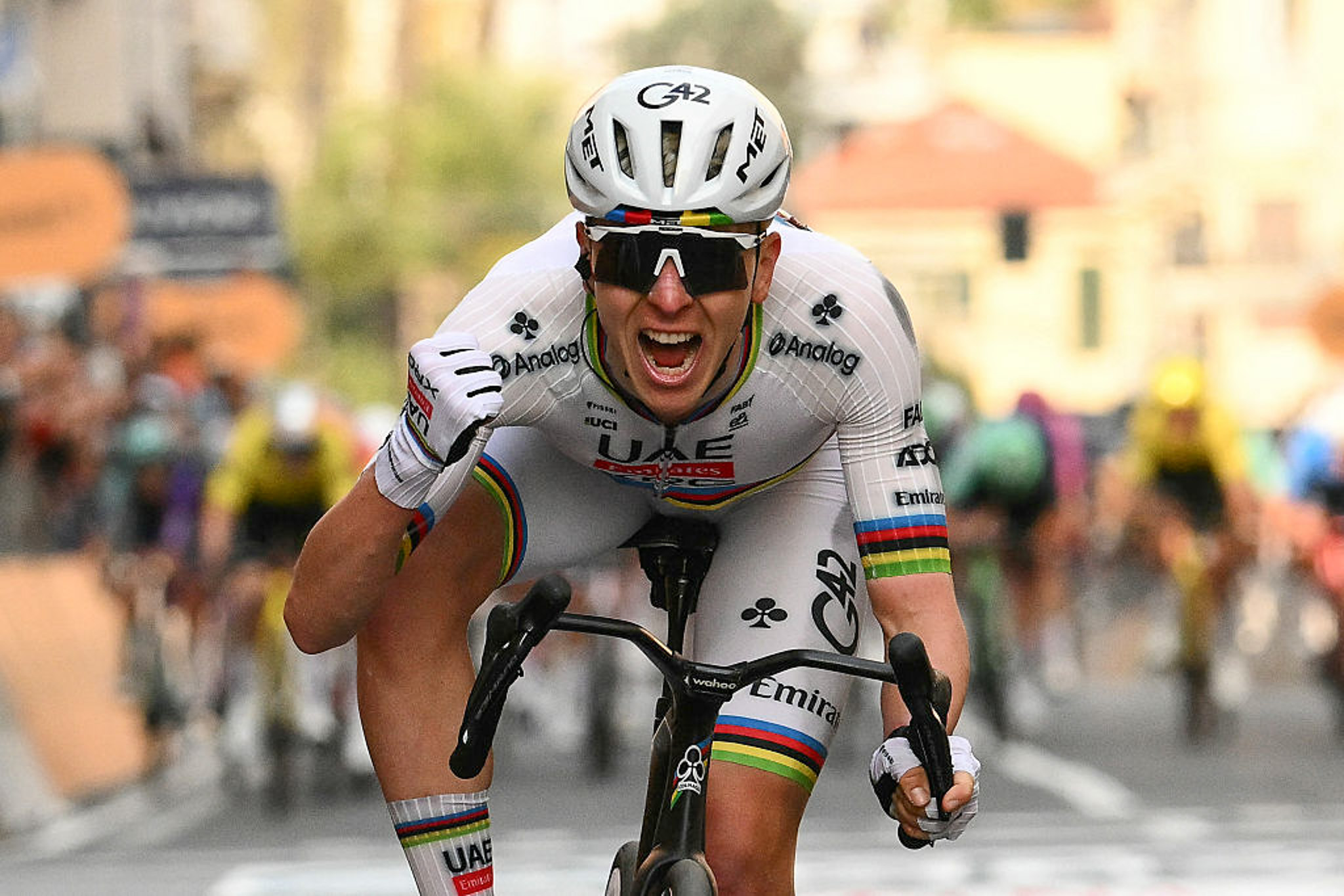 Tadej Pogacar celebrating winning Milan-San Remo