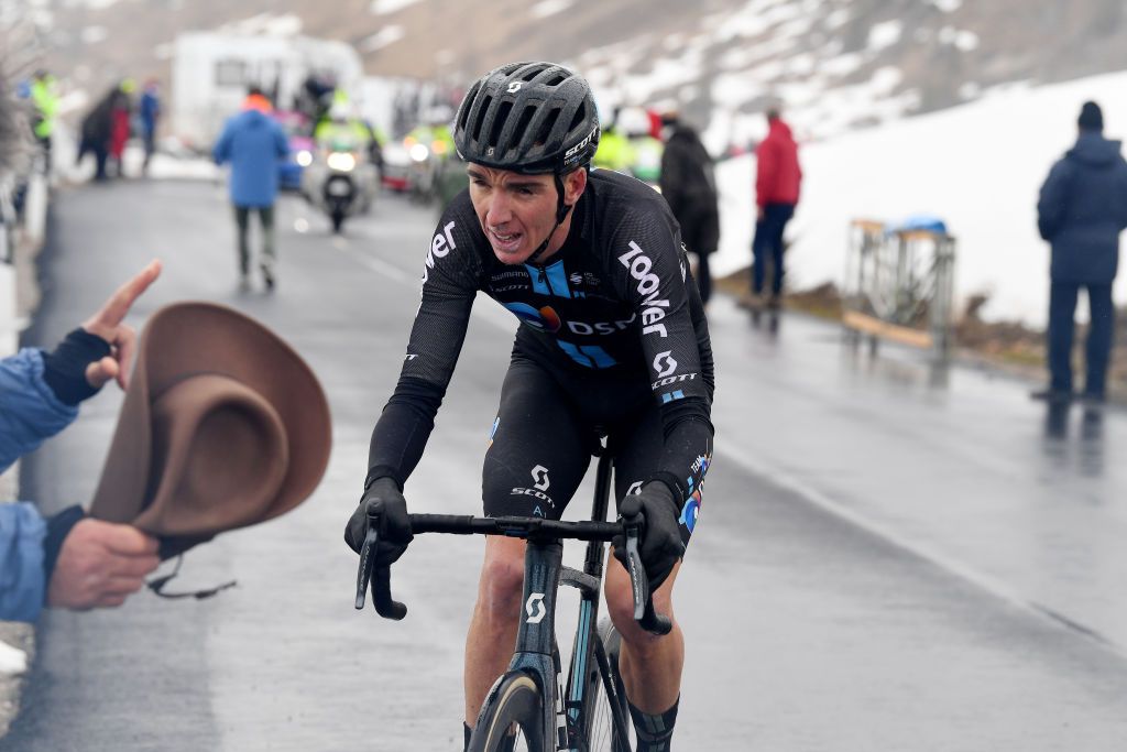 CORTINA DAMPEZZO ITALY MAY 24 Romain Bardet of France and Team DSM passing through Passo Giau 2233m during the 104th Giro dItalia 2021 Stage 16 a 153km stage shortened due to bad weather conditions from Sacile to Cortina dAmpezzo 1210m girodiitalia Giro on May 24 2021 in Cortina dAmpezzo Italy Photo by Tim de WaeleGetty Images