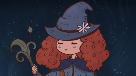 Songs of Glimmerwick key art - A witch with curly red hait wears a pointy hat and closes her eyes while singing to a plant