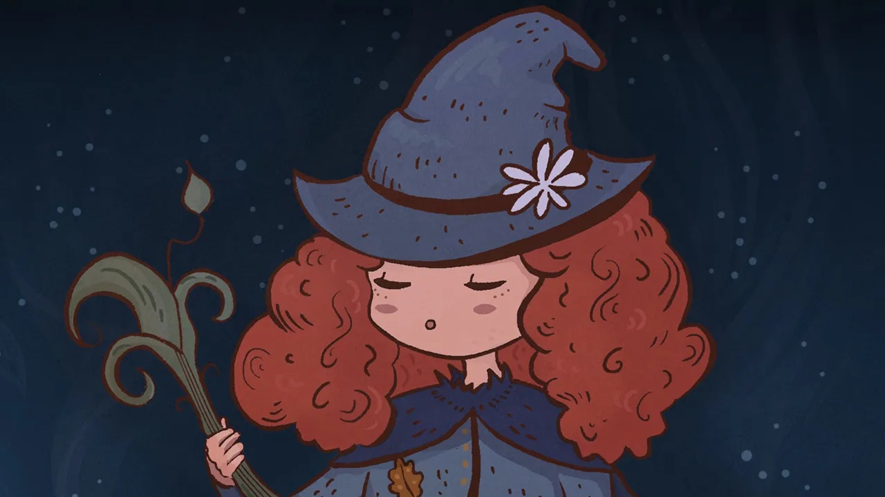 Songs of Glimmerwick key art - A witch with curly red hait wears a pointy hat and closes her eyes while singing to a plant