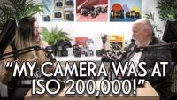 James Artaius and Chris George on the Bokeh Face podcast, with the text "My camera was at ISO200,000!"