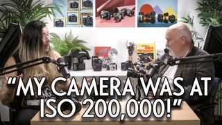 James Artaius and Chris George on the Bokeh Face podcast, with the text "My camera was at ISO200,000!"