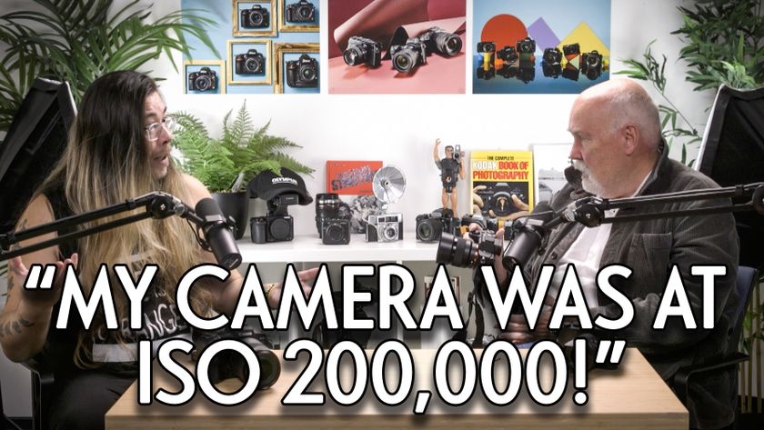 James Artaius and Chris George on the Bokeh Face podcast, with the text "My camera was at ISO200,000!"