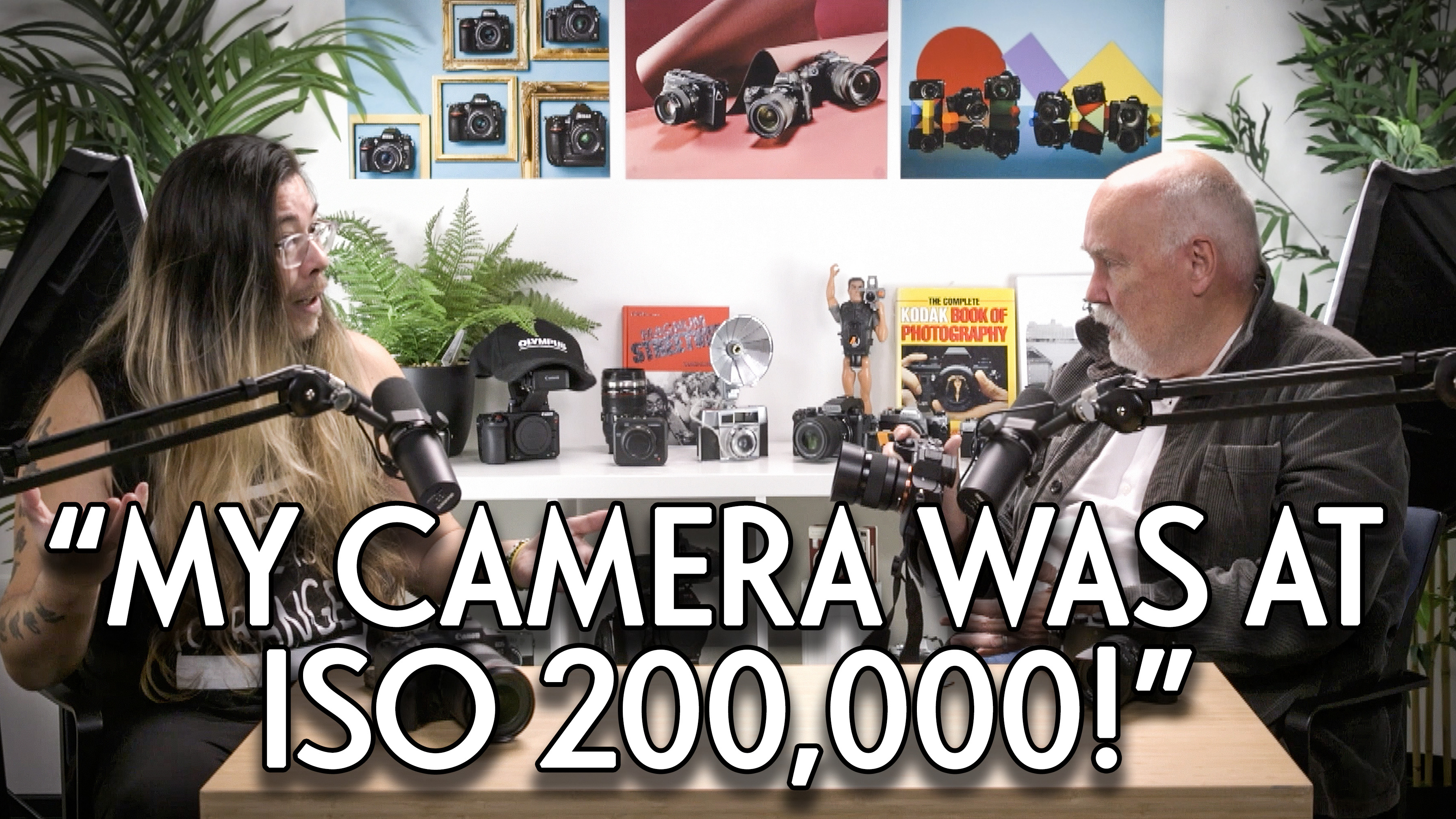 James Artaius and Chris George on the Bokeh Face podcast, with the text "My camera was at ISO200,000!"