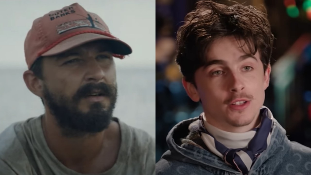 From left to right: Shia LaBeouf in The Peanut Butter Flacon and Timothée Chalamet in an ad for Saturday Night Live.