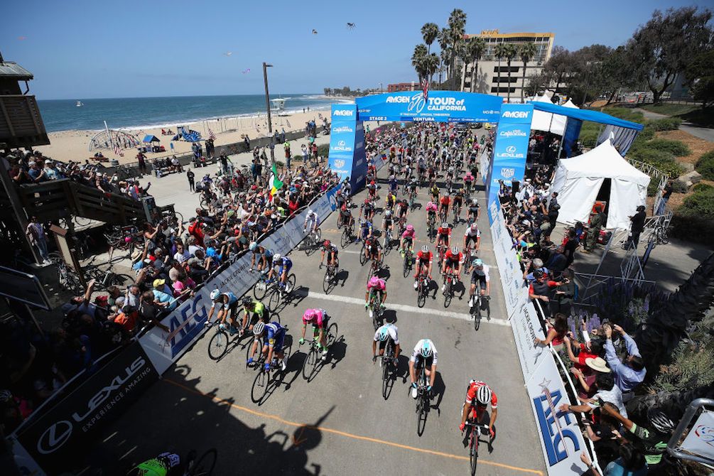 And they're off: the peloton leaves Ventura on stage 2 of the 2018 Tour of California