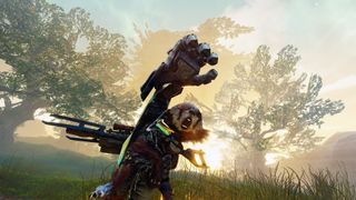 The furry protagonist of Biomutant stretches out a giant, mechanical hand.