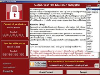 A WanaCrypt ransom screen, as captured by French malware hunter Kafeine. Credit: Kafeine
