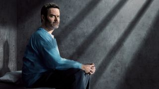 Bill Hader, as Barry, dressed in a blue jumpsuit, in a prison cell in key art for Barry season 4