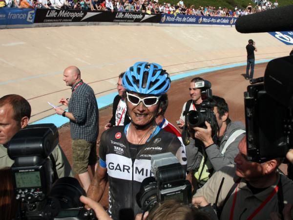 Johan Van Summeren (Garmin-Cerv&eacute;lo) is covered in sweat and dust but utterly elated after winning Paris-Roubaix.