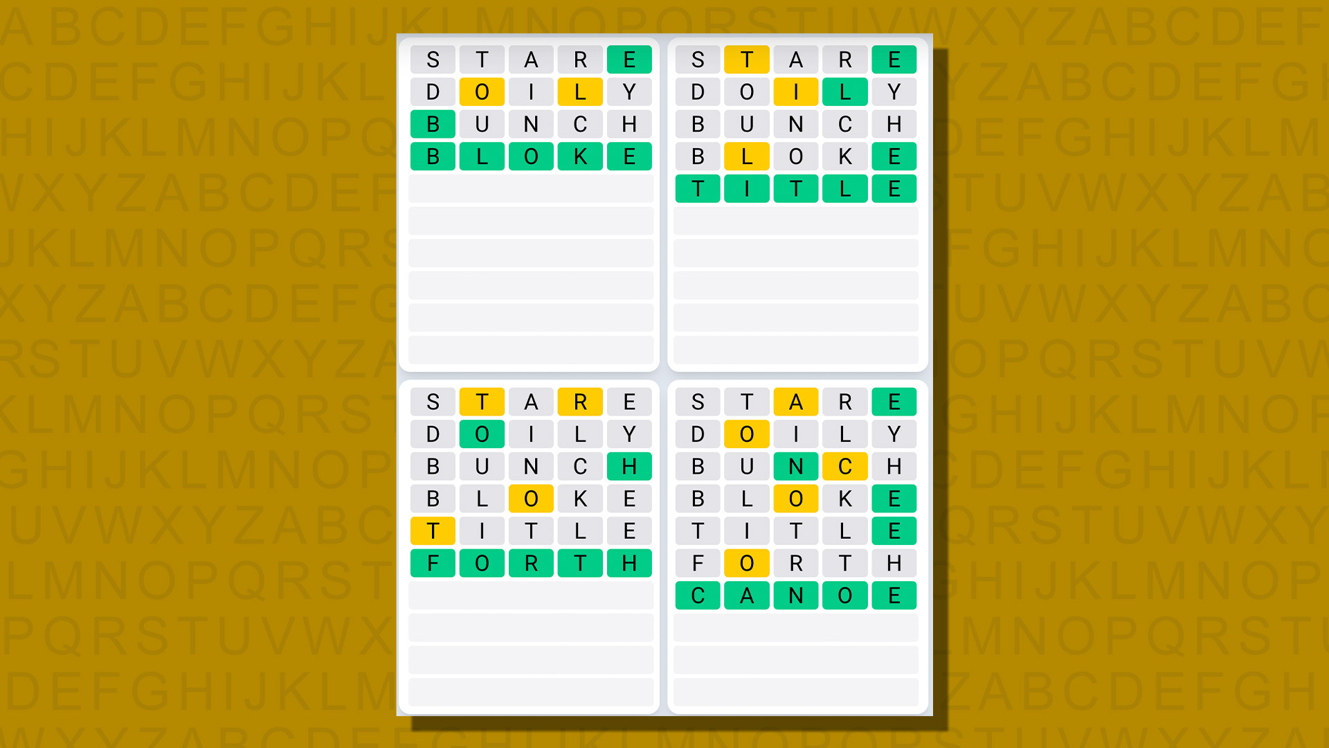 Respuestas de secuencia diaria de Quordle para el juego 757 sobre un fondo amarillo