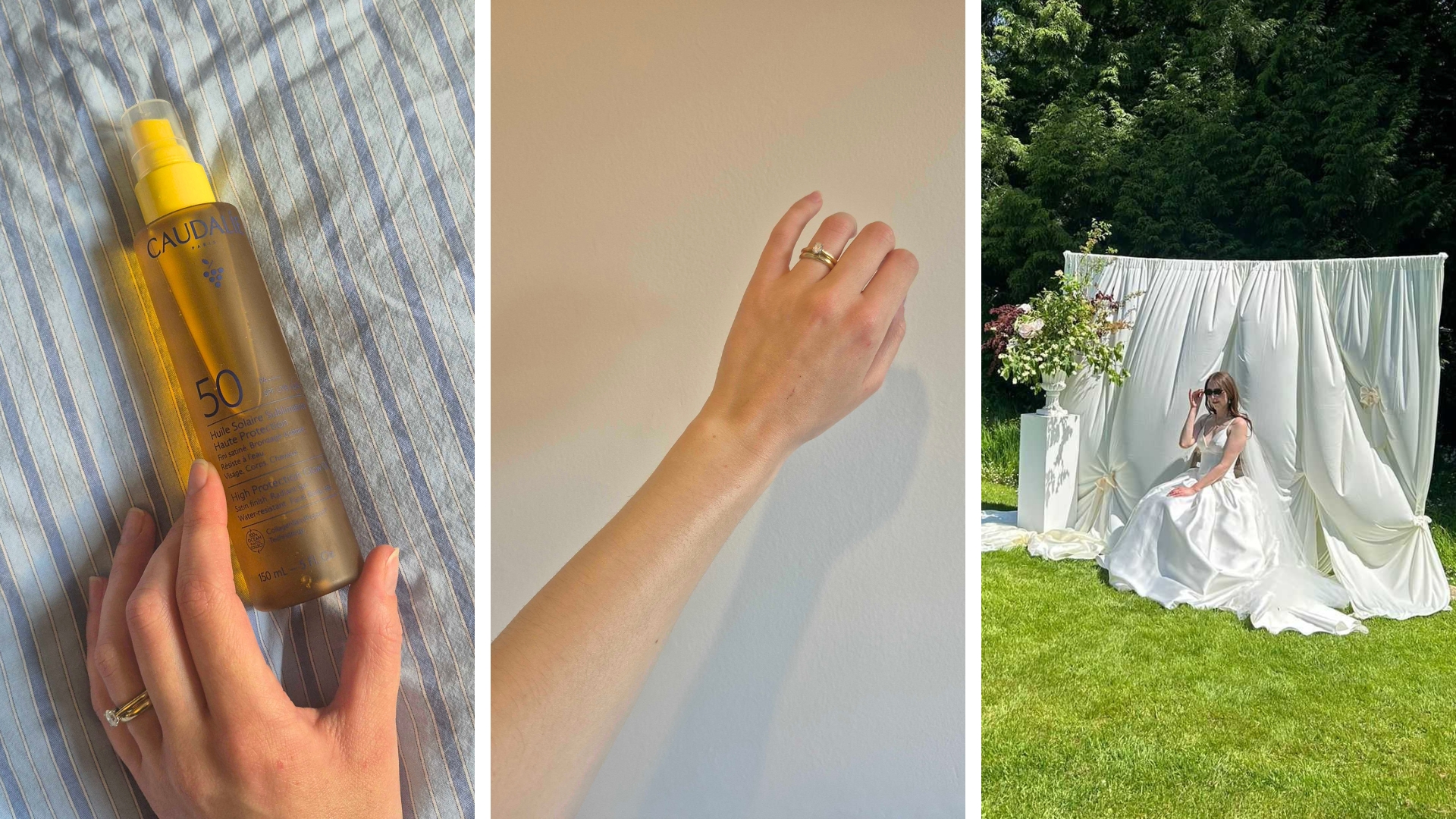 On the left, is a picture of the Caudalie High Protection SPF50 Glow Oil alongside Digital Beauty Writer, Naomi Jamieson's hand on a blue bed spread, followed by her arm, with the glow oil applied and shot from her wedding day, where she is wearing the SPF oil on her arms.