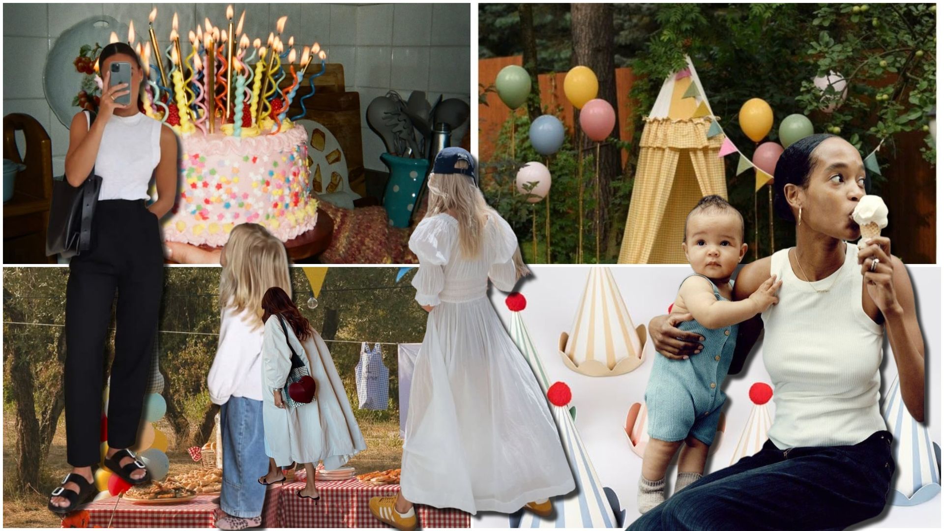 Collage of mothers and children at birthday parties, featuring colorful cakes, balloons, party decorations, and casual outfits.