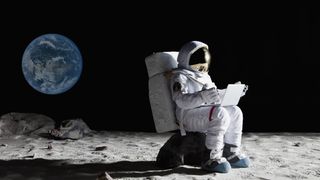 graphic showing an astronaut sitting on the moon looking at a laptop with earth in the background.