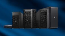 The Dell Pro Max GB10, Dell Pro Max GB300 and Dell Pro Precision towers pictured side-by-side in a line against a blue background.