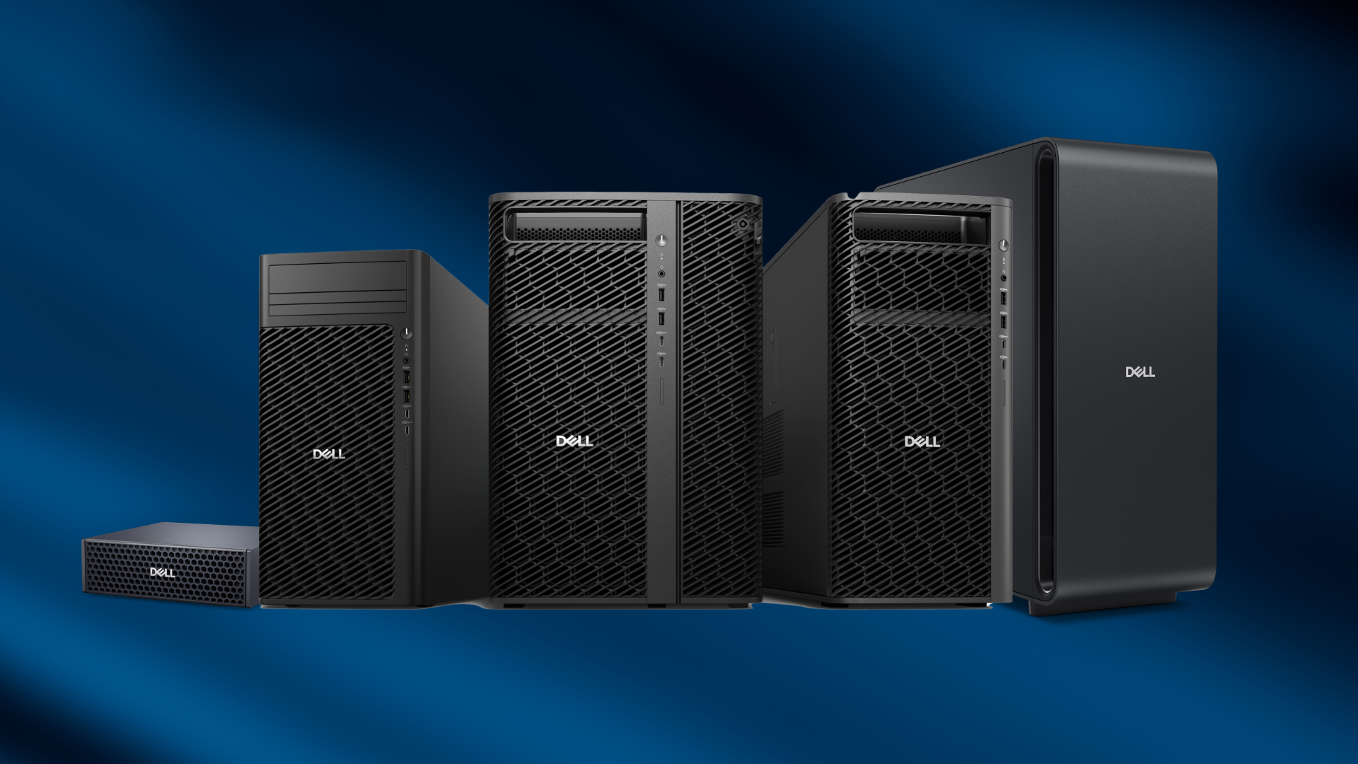 The Dell Pro Max GB10, Dell Pro Max GB300 and Dell Pro Precision towers pictured side-by-side in a line against a blue background.