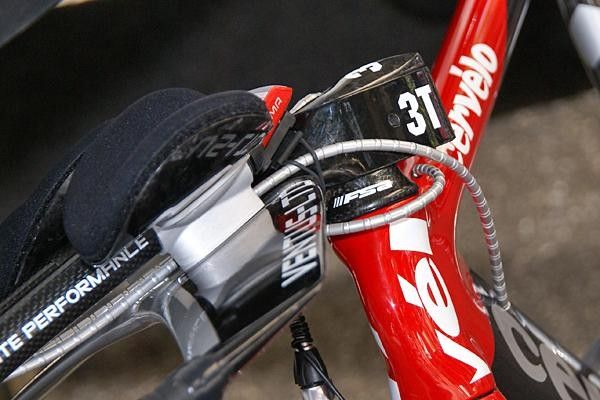 Team CSC's cables aren't quite as neatly tucked away as on the bikes of Slipstream but there was still some effort put forth to hold them tightly against the stem.