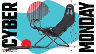 A Playseat Challenge sim racing chair on a blue and red Cyber Monday background
