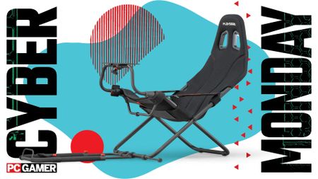 A Playseat Challenge sim racing chair on a blue and red Cyber Monday background