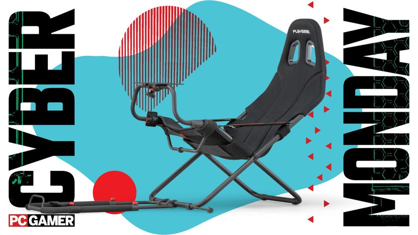 A Playseat Challenge sim racing chair on a blue and red Cyber Monday background