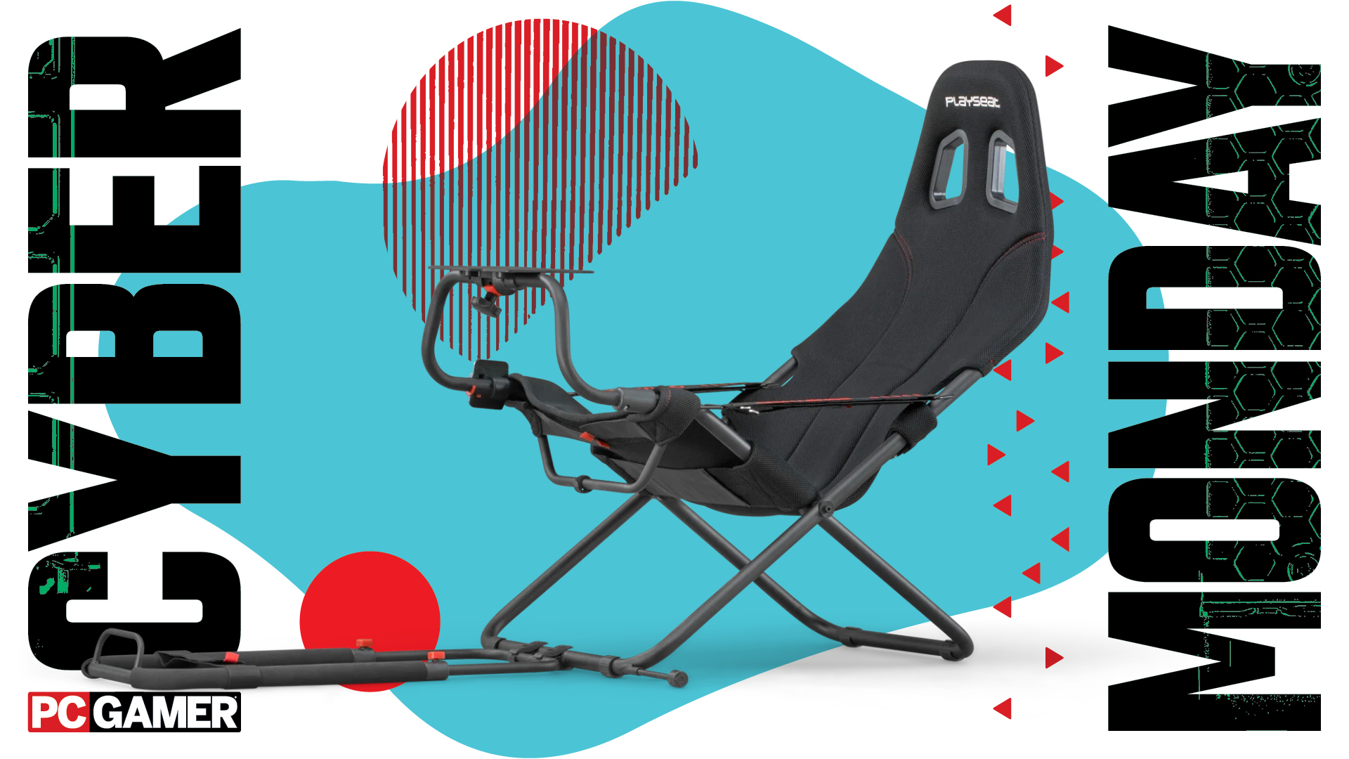 A Playseat Challenge sim racing chair on a blue and red Cyber Monday background