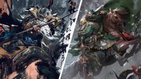 Painterly Chinese Digital art showing Chinese warriors on horseback with Chinese writing 