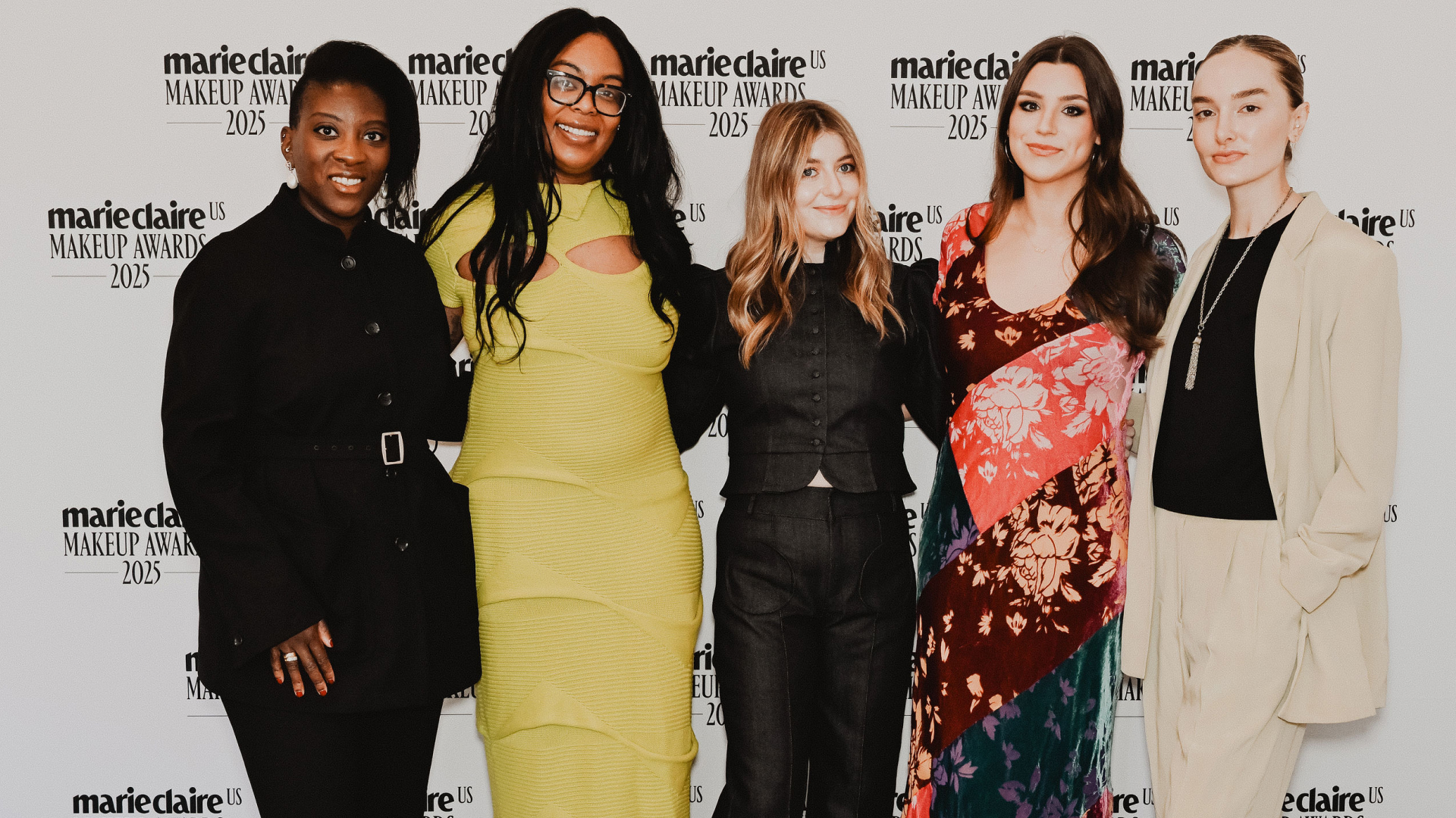 The Marie Claire Beauty Team (Ariel Baker, Samantha Holender, Siena Gagliano, and Hannah Baxter) posing with Editor-in-Chief, Nikki Ogunnaike at the 2025 Makeup Awards Breakfast.